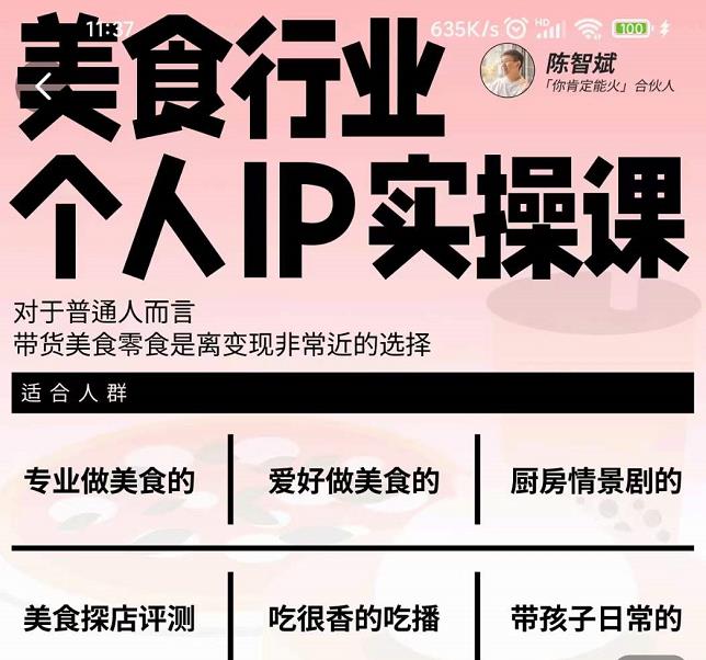 美食行业个人IP实操课，对于普通人而言，带货美食零食是离变现非常近的选择-千城资源网