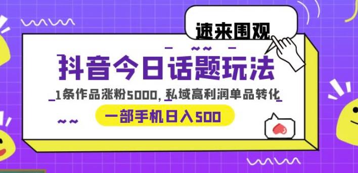 抖音今日话题玩法，1条作品涨粉5000，私域高利润单品转化一部手机日入500【揭秘】-千城资源网