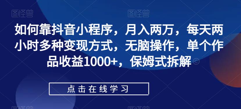 如何靠抖音小程序，月入两万，每天两小时多种变现方式，无脑操作，单个作品收益1000+，保姆式拆解-千城资源网