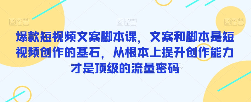 爆款短视频文案脚本课，文案和脚本是短视频创作的基石，从根本上提升创作能力才是顶级的流量密码-千城资源网