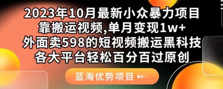 2023年10月最新小众暴力项目，靠搬运视频,单月变现1w+，外面卖598的短视频搬运黑科技，各大平台轻松百分百过原创-千城资源网