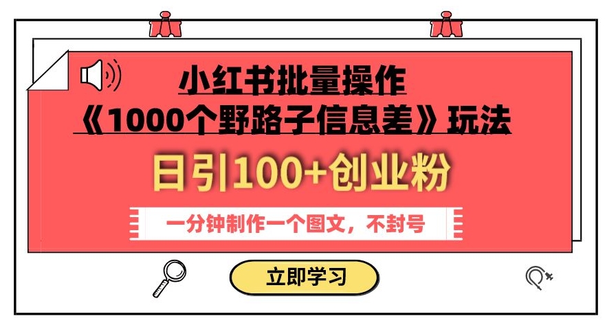 小红书批量操作《1000个野路子信息差》玩法，一分钟制作一个图文，不封号，日引100+创业粉-千城资源网