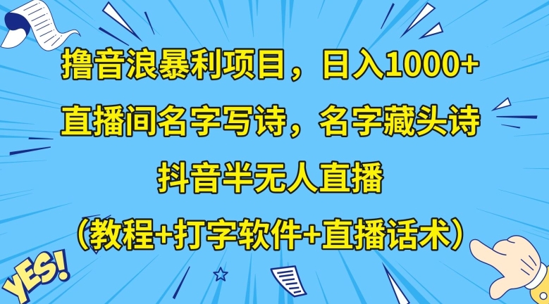 撸音浪暴利项目，日入1000+，直播间名字写诗，名字藏头诗，抖音半无人直播（教程+打字软件+直播话术）【揭秘】-千城资源网