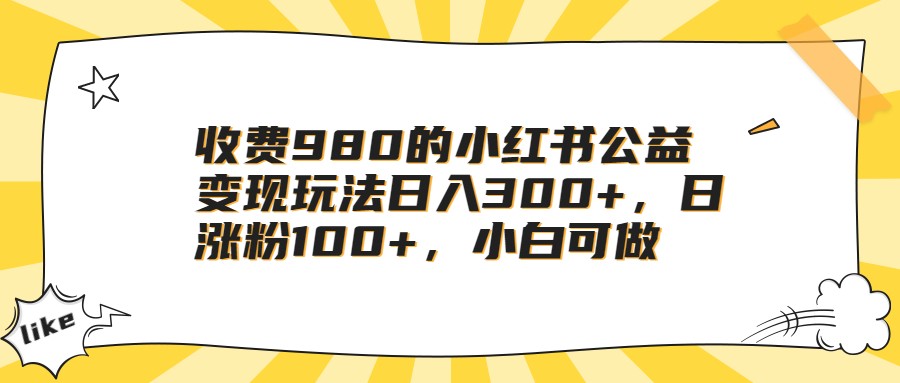 收费980的小红书公益变现玩法日入300+，日涨粉100+，小白可做-千城资源网