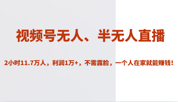 视频号无人、半无人直播2小时11.7万人，利润1万+，不需露脸，一个人在家就能赚钱！-千城资源网