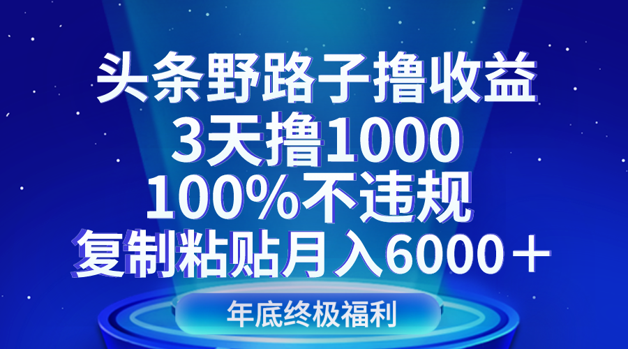 头条野路子撸收益，3天撸1000，100%不违规，复制粘贴月入6000＋-千城资源网
