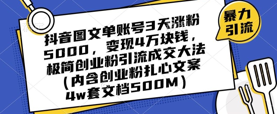 抖音图文单账号3天涨粉5000，变现4万块钱，极简创业粉引流成交大法-千城资源网