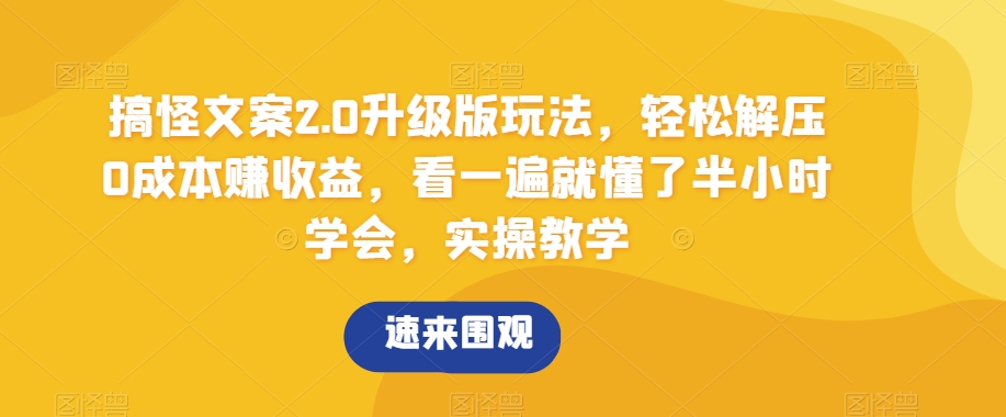 搞怪文案2.0升级版玩法，轻松解压0成本赚收益，看一遍就懂了半小时学会，实操教学【揭秘】-千城资源网