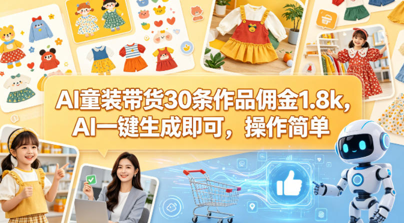AI童装带货30条作品佣金1.8k，AI一键生成即可，操作简单-千城资源网