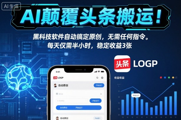 AI颠覆头条搬运！黑科技软件自动搞定原创，无需任何指令。每天仅需半小时，稳定收益3张【揭秘】-千城资源网