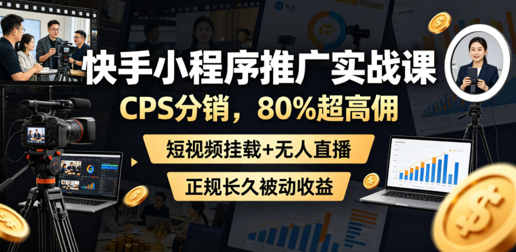 快手小程序推广实战课，CPS分销，80%超高佣，短视频挂载+无人直播，正规长久被动收益-千城资源网