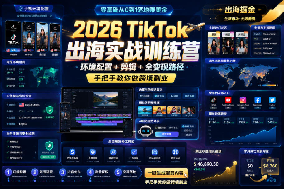 2026 TikTok出海实战训练营，环境配置 + 剪辑 + 全变现路径，手把手教你做跨境副业-千城资源网