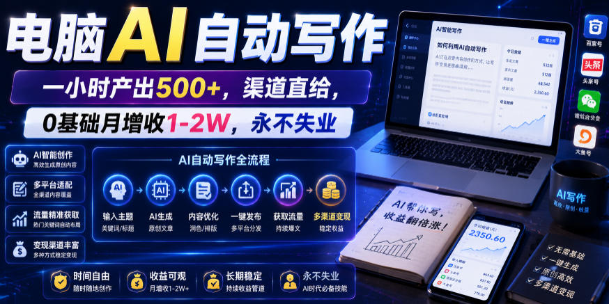 电脑AI自动写作，一小时产出500+，渠道直给，0基础月增收1-2W，永不失业【揭秘】-千城资源网