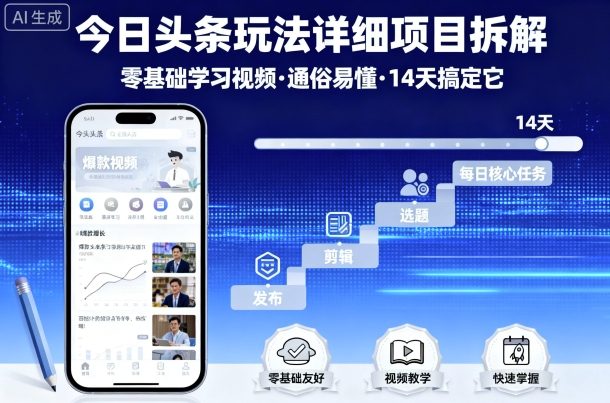 今日头条玩法详细项目拆解，零基础学习视频 通俗易懂 14天搞定它-千城资源网