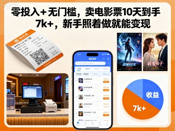 零投入+无门槛，卖电影票10天到手7k+，新手照着做就能变现【揭秘】-千城资源网