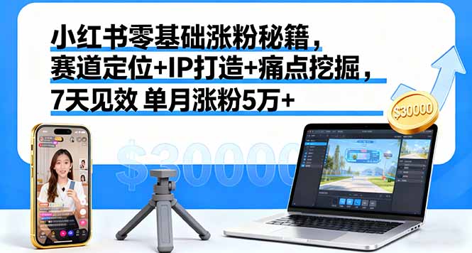 小红书零基础涨粉秘籍，赛道定位+IP打造+痛点挖掘，7天见效 单月涨粉5万+-千城资源网