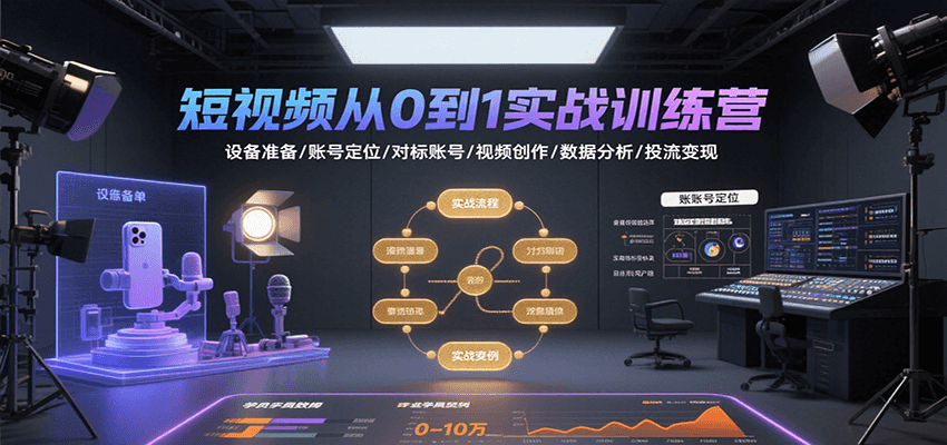 短视频从0到1实战训练营：设备准备/账号定位/对标账号/视频创作/数据分析/投流变现-千城资源网
