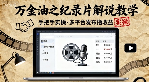万金油之纪录片解说教学，手把手教你，完全实操，多平台发布撸收益-千城资源网