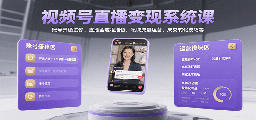 视频号直播变现系统课，账号开通装修、直播全流程准备、私域流量运营、成交转化技巧等-千城资源网
