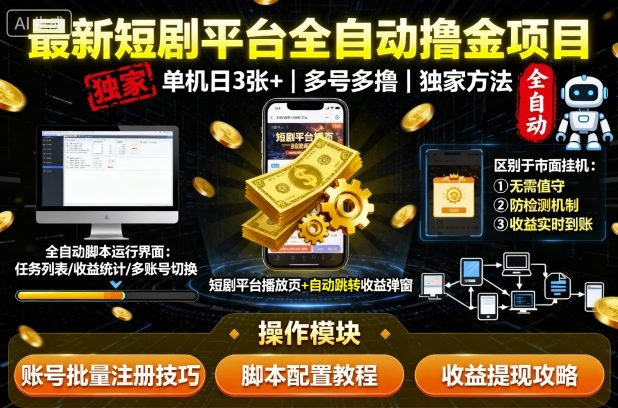 最新短剧平台全自动挂G撸金项目，单机一天3张+，多号多撸，区别于市面所有挂机项目，独家方法【揭秘】-千城资源网