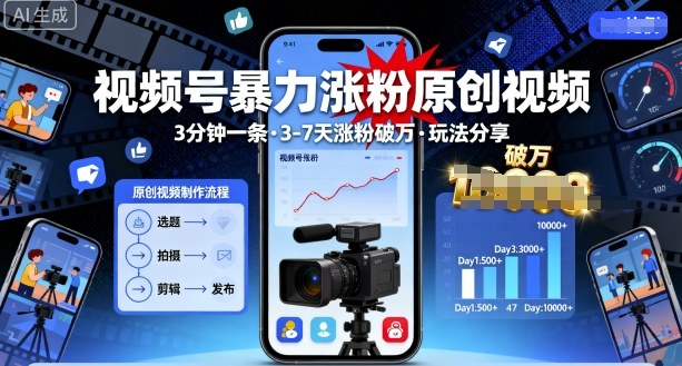 视频号暴力涨粉原创视频，3分钟一条原创视频，3-7天涨粉破万，玩法分享给你-千城资源网