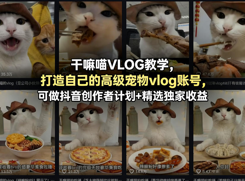 干嘛喵VLOG教学，打造自己的高级宠物vlog账号，可做抖音创作者计划+精选独家收益-千城资源网