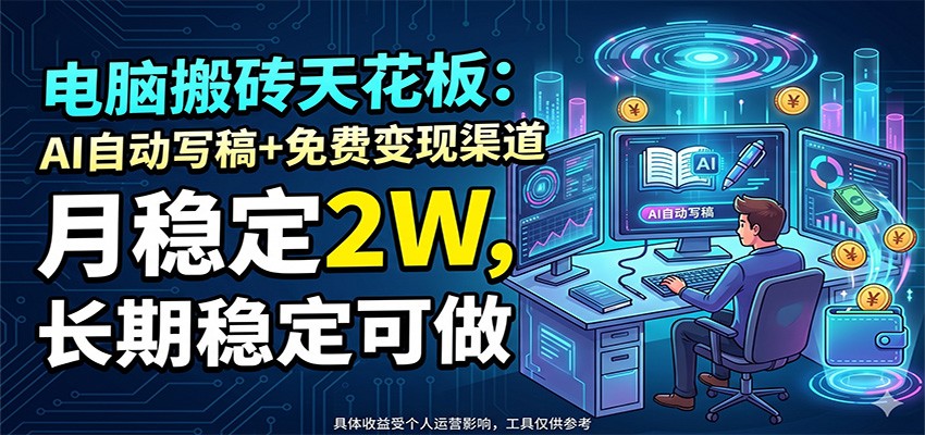 电脑搬砖天花板：AI自动写稿+免费变现渠道，月稳定2W，长期稳定可做-千城资源网