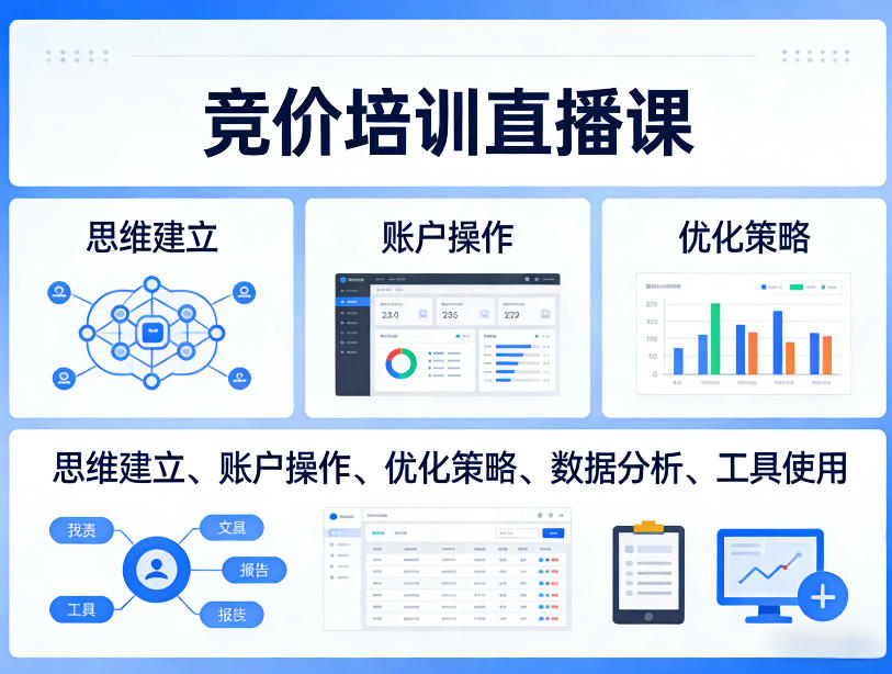 竞价培训直播课，覆盖思维建立、账户操作、优化策略、数据分析、工具使用等，全方位提升效果-千城资源网