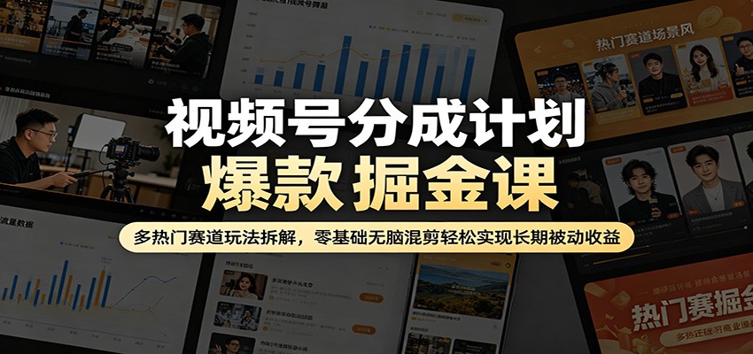 视频号分成计划爆款掘金课：多热门赛道玩法拆解，零基础无脑混剪轻松实现长期被动收益-千城资源网