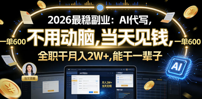 2026最稳副业：AI代写，不用动脑，当天见钱，一单600，全职干月入2W+，能干一辈子【揭秘】-千城资源网