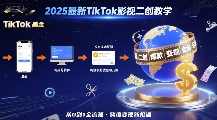 2025年最新TikTok影视二创教学，从注册到发布撸美金全流程，跨境变现新机遇-千城资源网