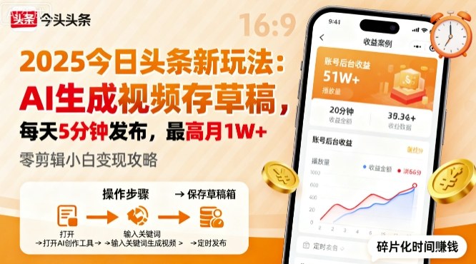 2025年今日头条躺賺新玩法，AI生成视频存草稿，每天5分钟发布，最高月1W+【揭秘】-千城资源网