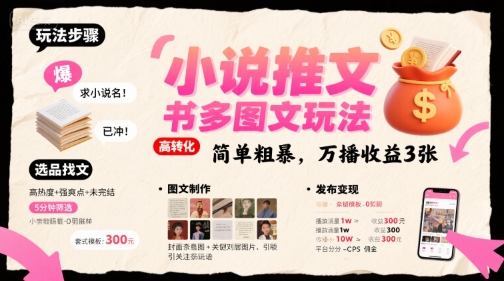 小说推文小红书多图文玩法，简单粗暴，万播收益3张-千城资源网