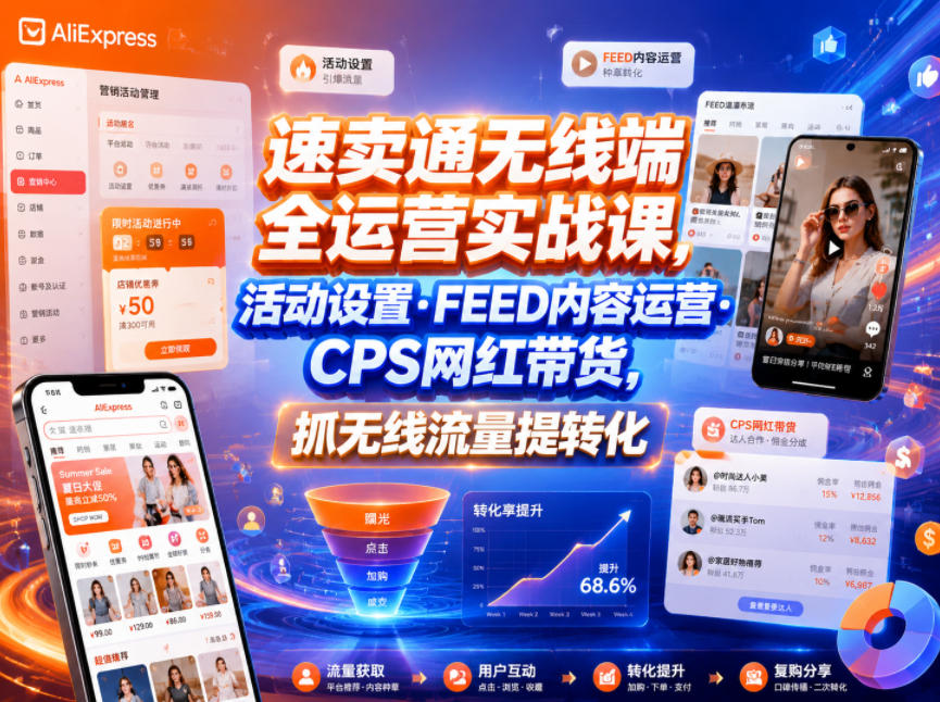 速卖通无线端全运营实战课，活动设置・FEED内容运营・CPS网红带货，抓无线流量提转化-千城资源网