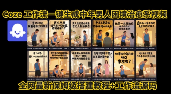 coze工作流一键生成”中年男人困境扎心高涨粉高播放量图文视频”保姆级拆解教程，无需剪辑，无需拍摄写文案-千城资源网
