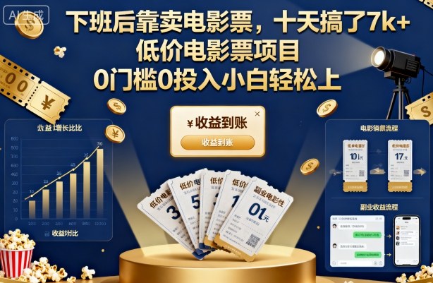 下班后靠卖电影票，十天搞了7k+，低价电影票项目，0门槛0投入小白轻松上手【揭秘】-千城资源网