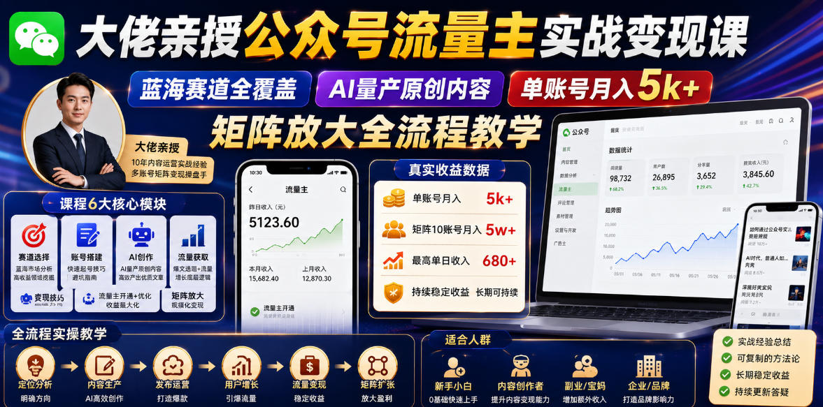 大佬亲授公众号流量主实战变现课，蓝海赛道全覆盖，AI量产原创内容，单账号月入5k+矩阵放大全流程教学-千城资源网