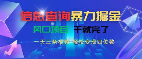 信息查询暴力掘金，一天三条视频，轻松变现四位数，风口项目干就完了【揭秘】-千城资源网