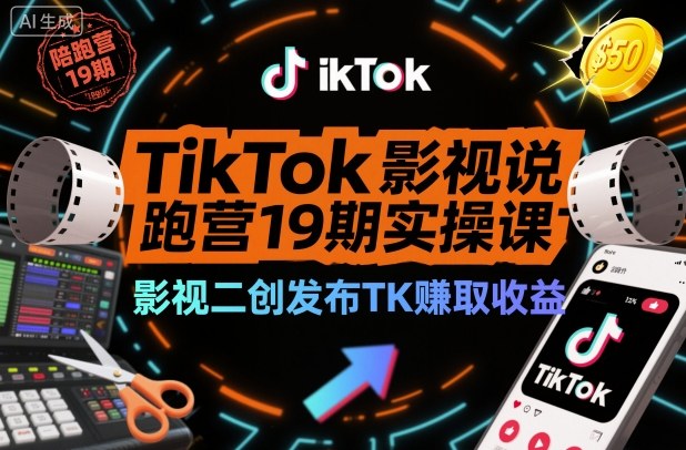 TikTok影视解说陪跑营19期实操课，影视二创发布TK賺取收益，万播收益50美金-千城资源网