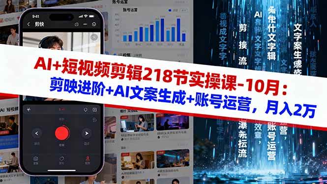 （16353期）AI+短视频剪辑218节实操课-10月：剪映进阶+AI文案生成+账号运营，月入2万-千城资源网