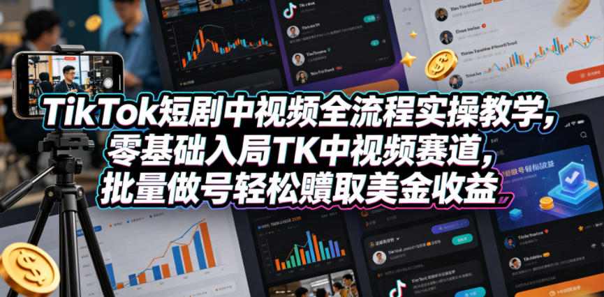TikTok短剧中视频全流程实操教学，零基础入局TK中视频赛道，批量做号轻松賺取美金收益-千城资源网