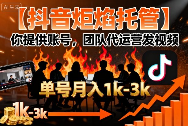 【抖音炬焰托管】你提供账号，团队代运营发视频，单号月入1k+【揭秘】-千城资源网