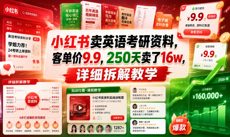 小红书卖英语考研资料，客单价9.9，250天卖了16w，详细拆解教学-千城资源网