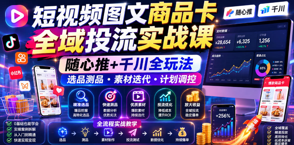短视频图文商品卡全域投流实战课，随心推+千川全玩法，选品测品・素材迭代・计划调控，提升ROI爆单增收教程-千城资源网