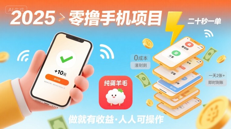 2025年零撸手机项目，二十秒一单，纯薅羊毛 一天2张+做就有-千城资源网