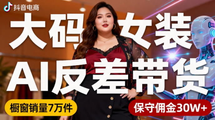 抖音小众赛道，大码女装AI反差带货，不用直播，每天6条作品，橱窗卖7万件，保守佣金30W+-千城资源网