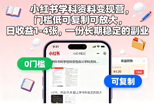小红书学科资料变现营，门槛低可复制可放大，日收益1-4张，一份长期稳定的副业-千城资源网