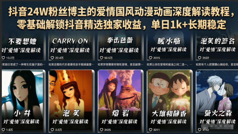 抖音24W粉丝博主的爱情国风动漫动画深度解读教程，零基础解锁抖音精选独家收益，单日1k+长期稳定-千城资源网