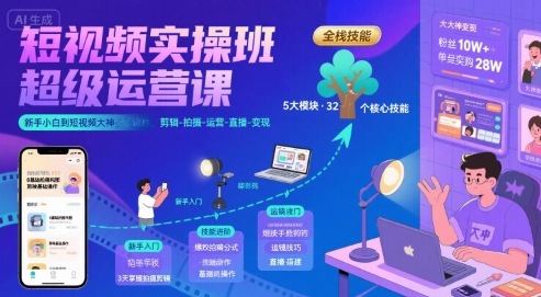 短视频实操班超级运营课，新手小白到短视频大神必修课程，剪辑-拍摄-运营-直播-变现-千城资源网