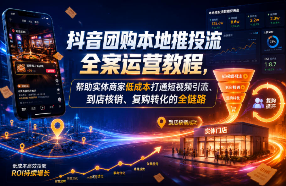 抖音团购本地推投流全案运营教程，帮助实体商家低成本打通短视频引流、到店核销、复购转化的全链路-千城资源网